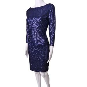 ALICE & YOU Navy Blue Party Event Wedding Sequins Short Dress  3/4" Sleeves 10